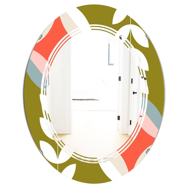 Designart Retro Botanical Pattern I 23.7-in x 31.5-in Oval Pink Polished Mirror