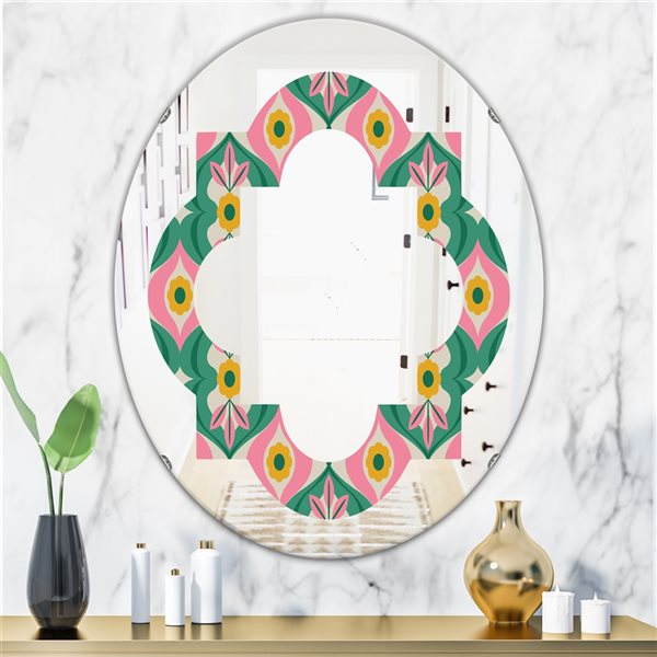 Designart Retro Pattern With Flowers and Leaves 31.5-in x 23.7-in Oval Polished Wall Mirror