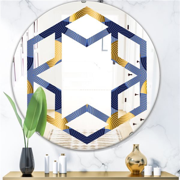 Designart Retro Luxury Waves in Gold and Blue VIII 24-in x 24-in Round Blue  Polished Mirror