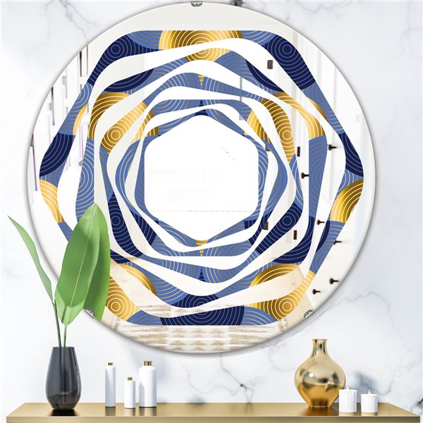 Designart Retro Luxury Waves in Gold and Blue VIII 24-in x 24-in Round Blue  Mirror