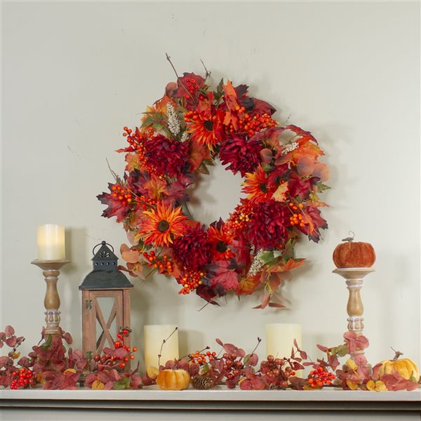 Northlight 24-in Orange Leaves and Flowers Fall Harvest Indoor Artificial Wreath