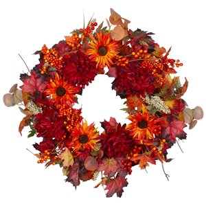 Northlight 24-in Orange Leaves and Flowers Fall Harvest Indoor Artificial Wreath