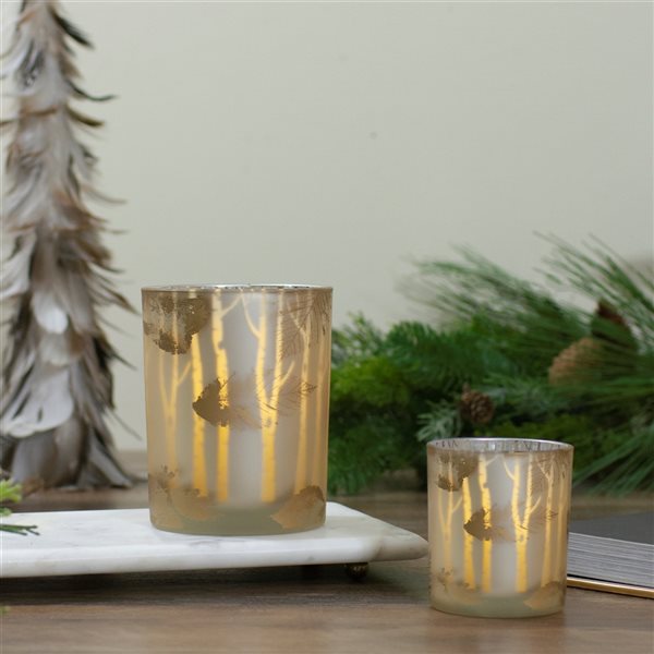Northlight Shiny Gold and White Birch Leaves Flameless Glass