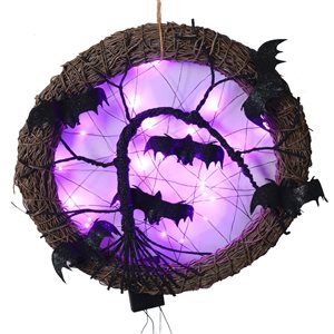 Northlight 15-in Pre-Lit Bats Indoor Artificial Halloween Brown Wreath with Purple LED