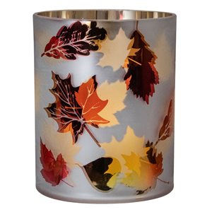 Northlight Matte White and Gold Autumn Leaves Flameless Glass Candle Holder