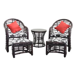 Henryka Black Wicker Steel Frame Patio Conversation Set with Black/White Cushions Included - 5-Piece