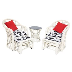 Henryka White Wicker Steel Frame Patio Conversation Set with Black/White Cushions Included - 5-Piece