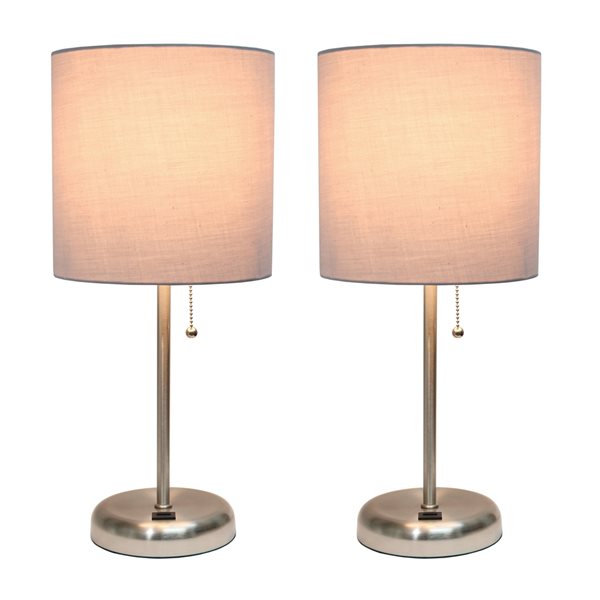 LimeLights Standard Brushed Steel Lamp Set with Grey Shades - Set of 2