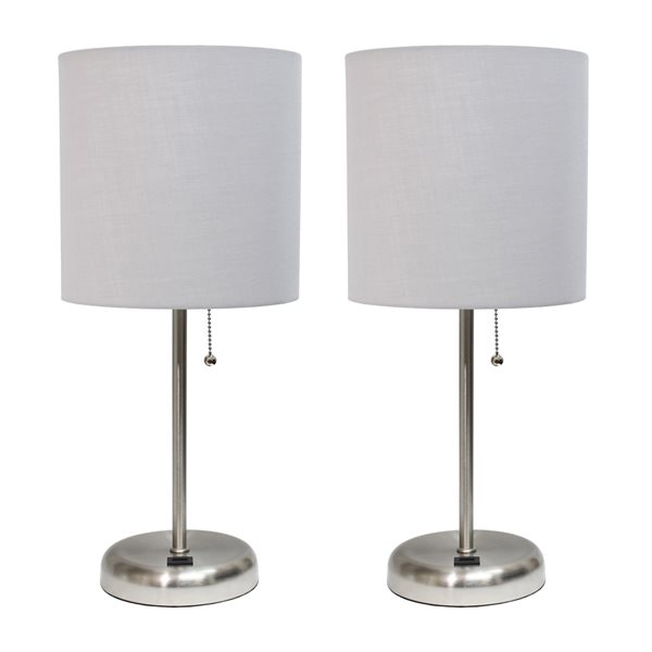 LimeLights Standard Brushed Steel Lamp Set with Grey Shades - Set of 2