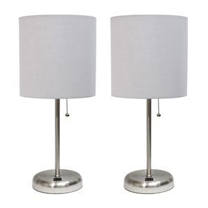 LimeLights Standard Brushed Steel Lamp Set with Grey Shades - Set of 2