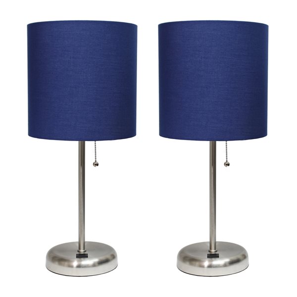 LimeLights Standard Brushed Steel Lamp Set with Blue Shades - Set of 2