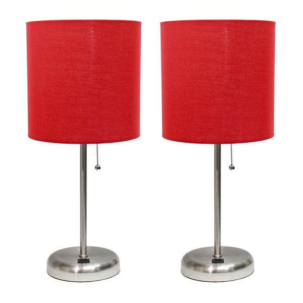 LimeLights Standard Brushed Steel Lamp Set with Red Shades - Set of 2