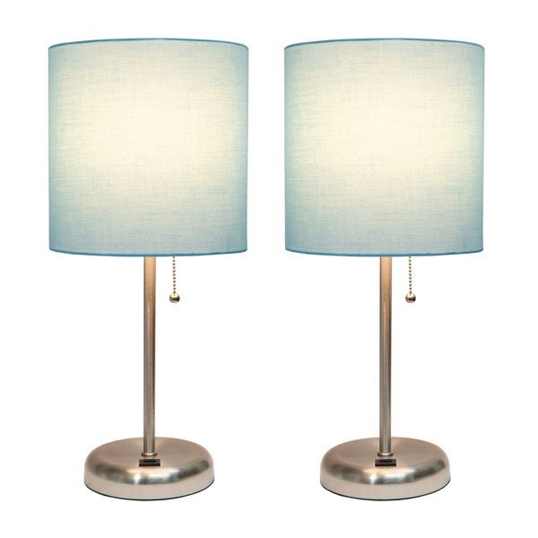 LimeLights Standard Brushed Steel Lamp Set with Aqua Shades - Set of 2