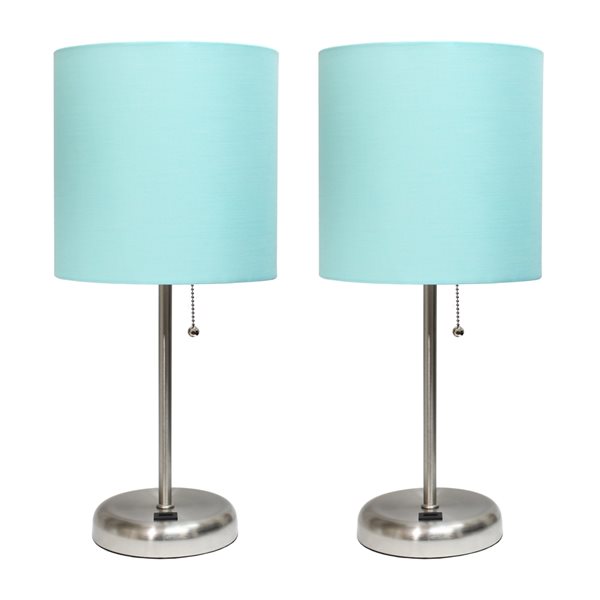 LimeLights Standard Brushed Steel Lamp Set with Aqua Shades - Set of 2