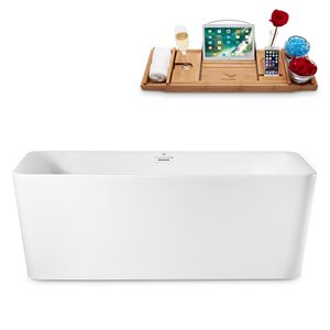 Baignoire autoportante Streamline ovale en acrylique avec drain central, blanc brillant, 29,5 po L x 63 po l
