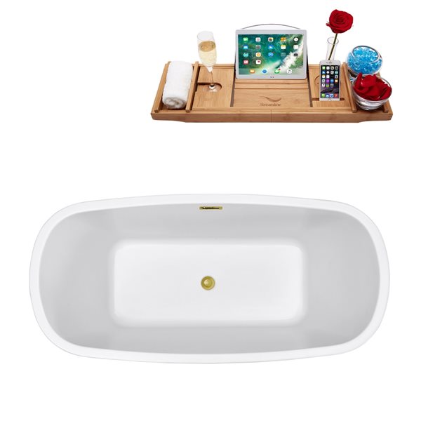 Streamline 28W x 59L Glossy White Acrylic Bathtub and a Polished Gold Center Drain with Tray