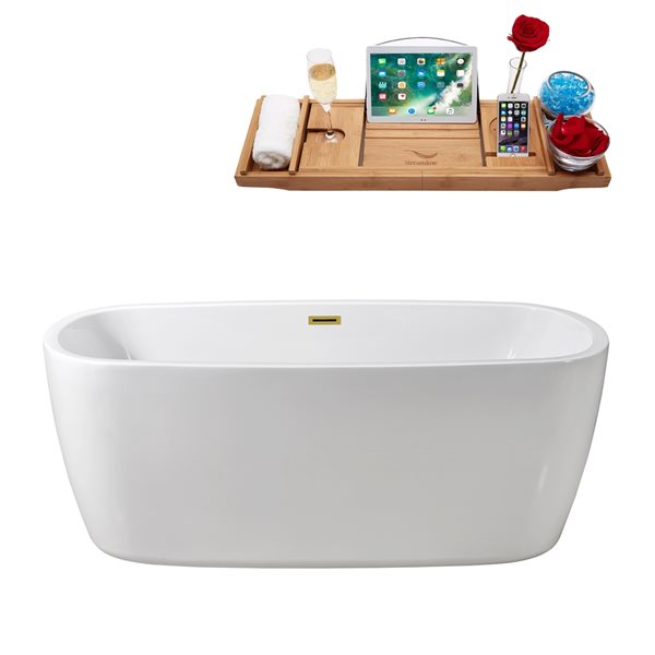 Streamline 28W x 59L Glossy White Acrylic Bathtub and a Polished Gold Center Drain with Tray