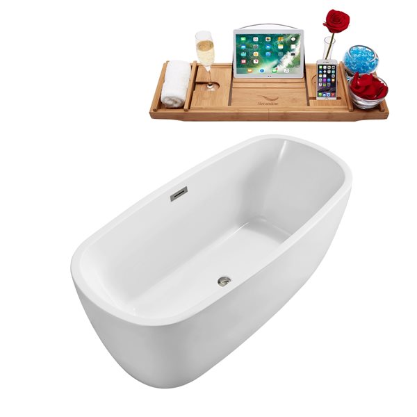 Baignoire en acrylique blanc lustré Streamline de 28 po x 59 po avec drain centré nickel brossé et plateau