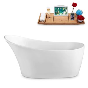 Baignoire ovale autoportante Streamline en acrylique avec drain réversible, 29,5 po L x 63 po l, blanc brillant