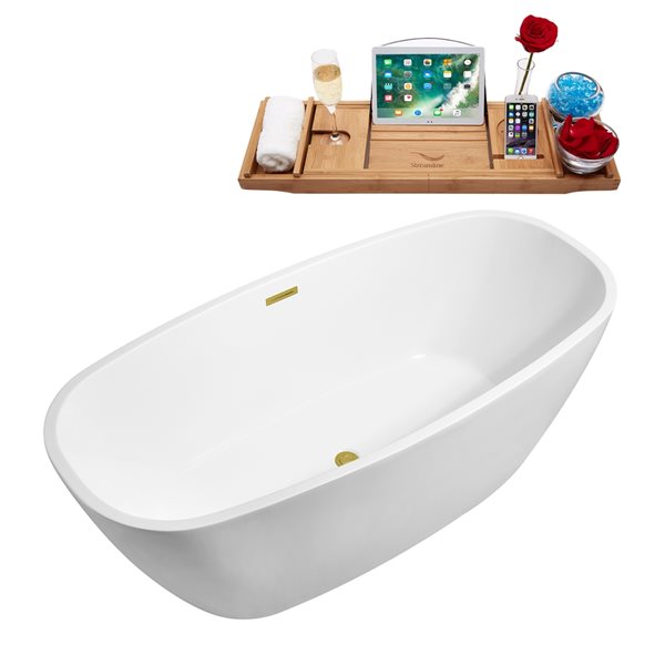 Streamline 31W x 67L Glossy White Acrylic Bathtub and a Polished Gold Center Drain with Tray