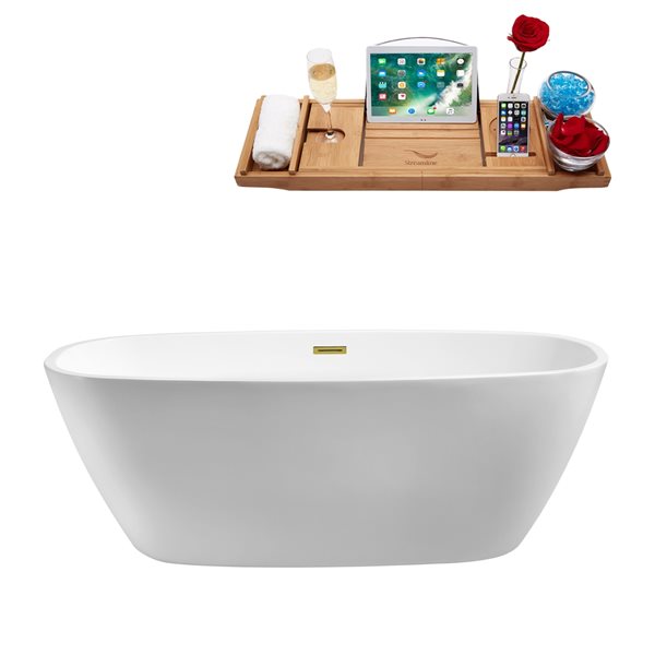 Streamline 31W x 67L Glossy White Acrylic Bathtub and a Polished Gold Center Drain with Tray