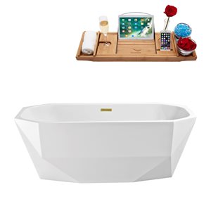 Streamline 31W x 67L Glossy White Acrylic Bathtub and a Polished Gold Center Drain with Tray