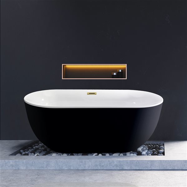 Streamline 31W x 67L Glossy Black Acrylic Bathtub and a Polished Gold Center Drain with Tray