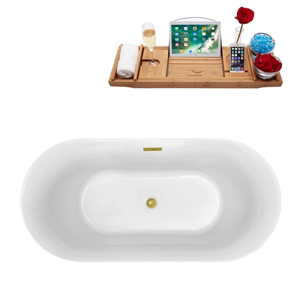 Streamline 31W x 67L Glossy Black Acrylic Bathtub and a Polished Gold Center Drain with Tray