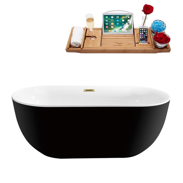 Streamline 31W x 67L Glossy Black Acrylic Bathtub and a Polished Gold Center Drain with Tray