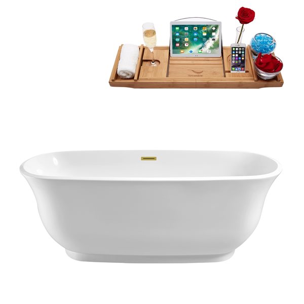 Streamline 31W x 67L Glossy White Acrylic Bathtub and a Polished Gold Center Drain with Tray