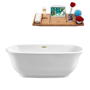 Baignoire en acrylique blanc lustré Streamline de 31 po x 67 po avec drain centré or poli et plateau