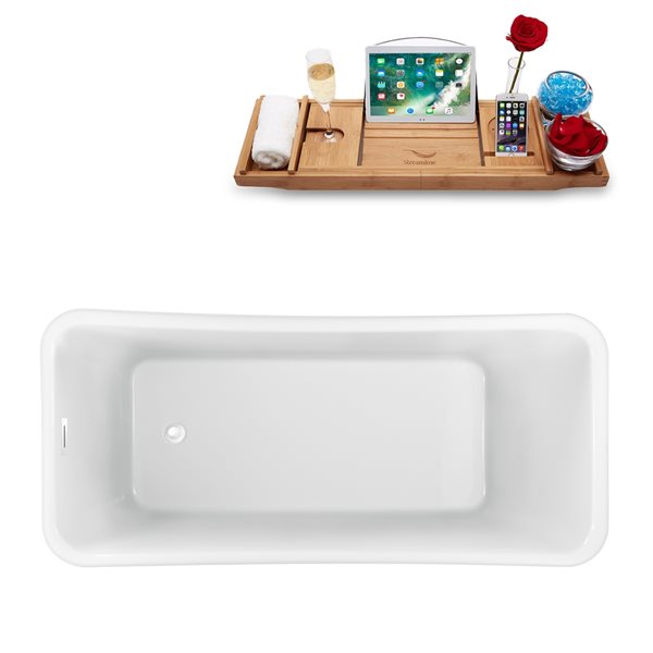 Streamline 31W x 67L Glossy White Acrylic Bathtub and a Glossy White Reversible Drain with Tray