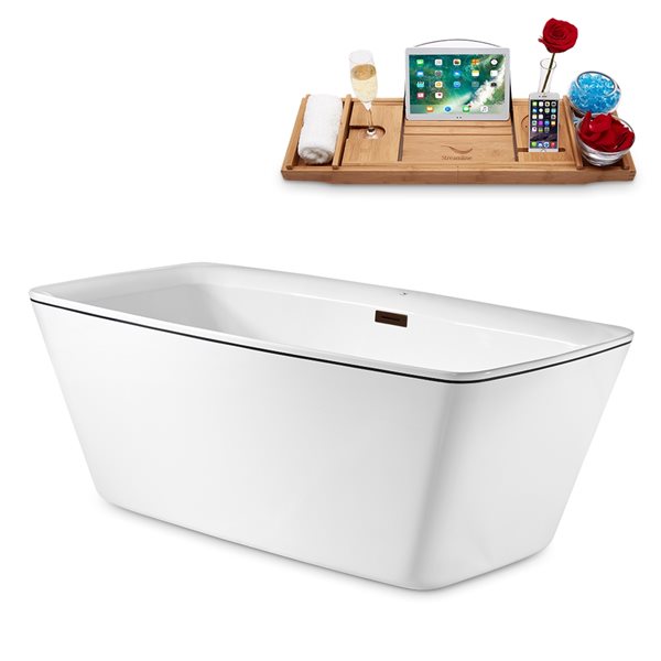 Streamline 30W x 63L Glossy White Acrylic Bathtub and a Matte Oil Rubbed Bronze Center Drain with Tray