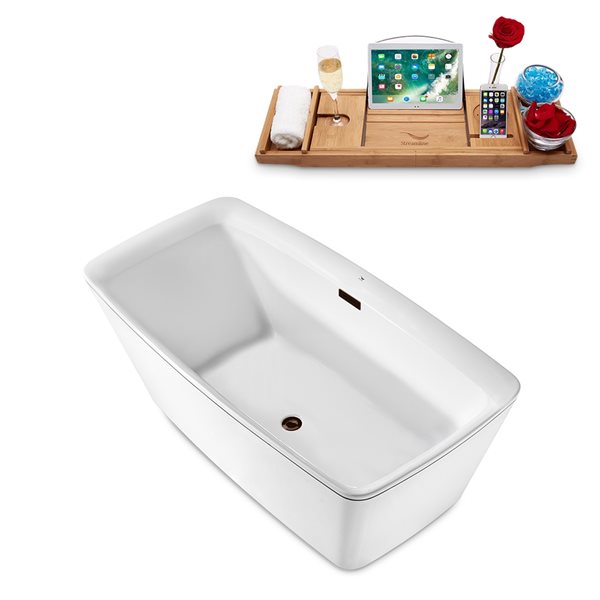 Streamline 30W x 63L Glossy White Acrylic Bathtub and a Matte Oil Rubbed Bronze Center Drain with Tray