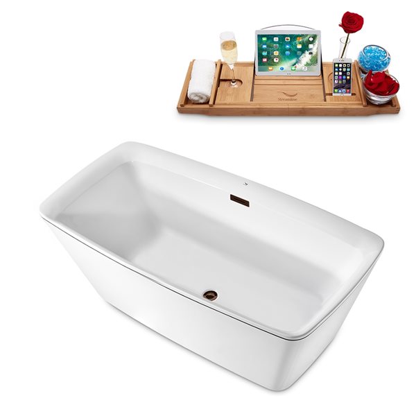Streamline 30W x 63L Glossy White Acrylic Bathtub and a Matte Oil Rubbed Bronze Center Drain with Tray