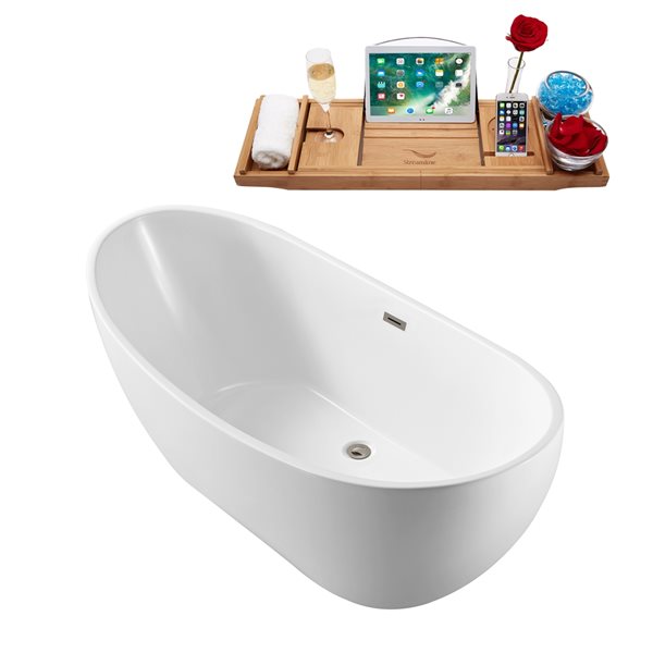 Streamline 28W x 67L Glossy White Acrylic Bathtub and a Brushed Nickel Center Drain with Tray