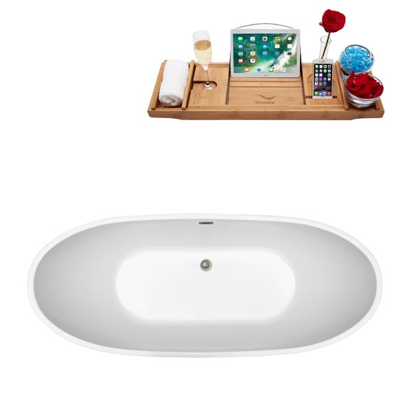 Streamline 28W x 67L Glossy White Acrylic Bathtub and a Brushed Nickel Center Drain with Tray