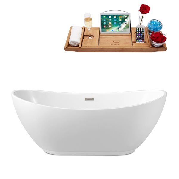 Streamline 28W x 67L Glossy White Acrylic Bathtub and a Brushed Nickel Center Drain with Tray