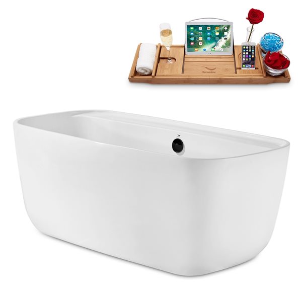 Streamline 30W x 59L Glossy White Acrylic Bathtub and a Matte Black Center Drain with Tray