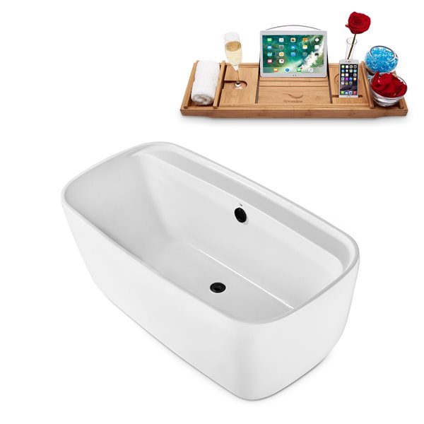 Streamline 30W x 59L Glossy White Acrylic Bathtub and a Matte Black Center Drain with Tray