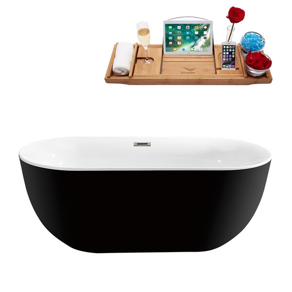 Streamline 31W x 67L Glossy Black Acrylic Bathtub and a Brushed Nickel Center Drain with Tray