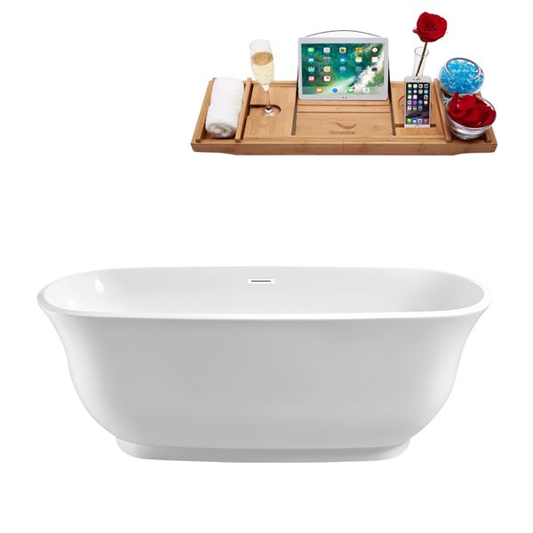 Streamline 28W x 59L Glossy White Acrylic Bathtub and a Glossy White Center Drain with Tray