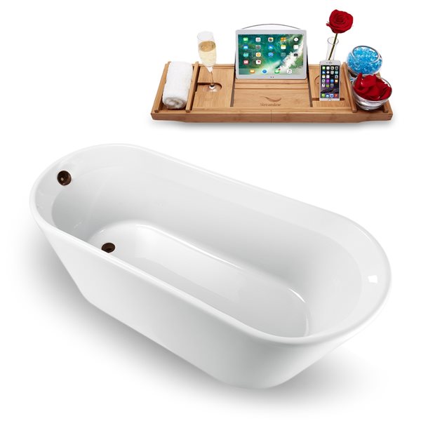 Baignoire en acrylique blanc lustré Streamline de 30 po x 69 po avec drain réversible bronze huilé mat et plateau