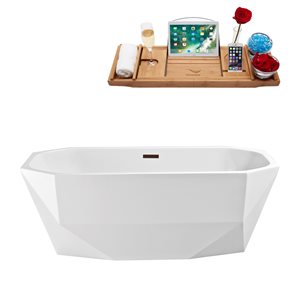 Baignoire en acrylique blanc lustré Streamline de 28 po x 59 po avec drain centré bronze huilé mat et plateau