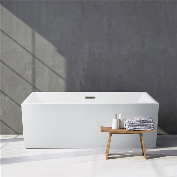 Streamline 32W x 58L Glossy White Acrylic Bathtub and a Brushed Nickel Center Drain with Tray