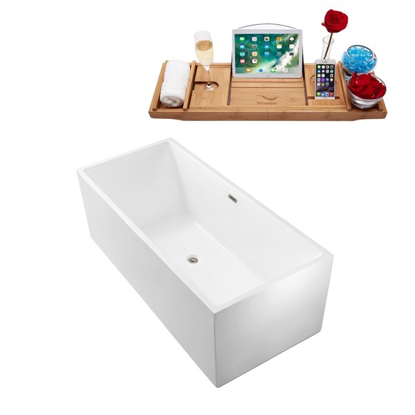 Streamline 32W x 58L Glossy White Acrylic Bathtub and a Brushed Nickel Center Drain with Tray