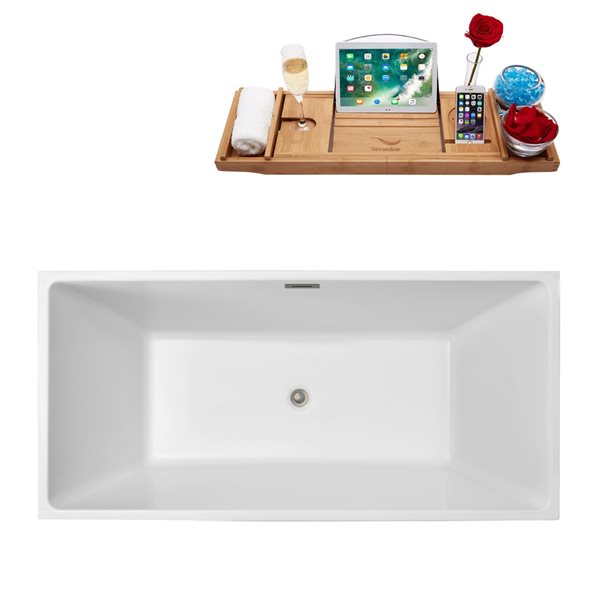 Streamline 32W x 58L Glossy White Acrylic Bathtub and a Brushed Nickel Center Drain with Tray