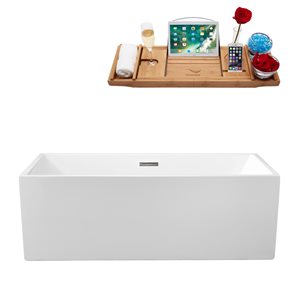 Streamline 32W x 58L Glossy White Acrylic Bathtub and a Brushed Nickel Center Drain with Tray