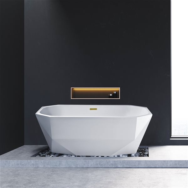 Streamline 29W x 63L Glossy White Acrylic Bathtub and a Polished Gold Center Drain with Tray