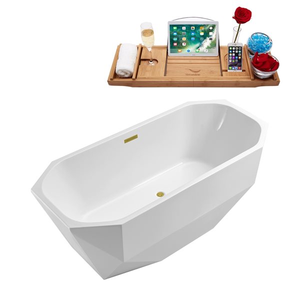 Streamline 29W x 63L Glossy White Acrylic Bathtub and a Polished Gold Center Drain with Tray